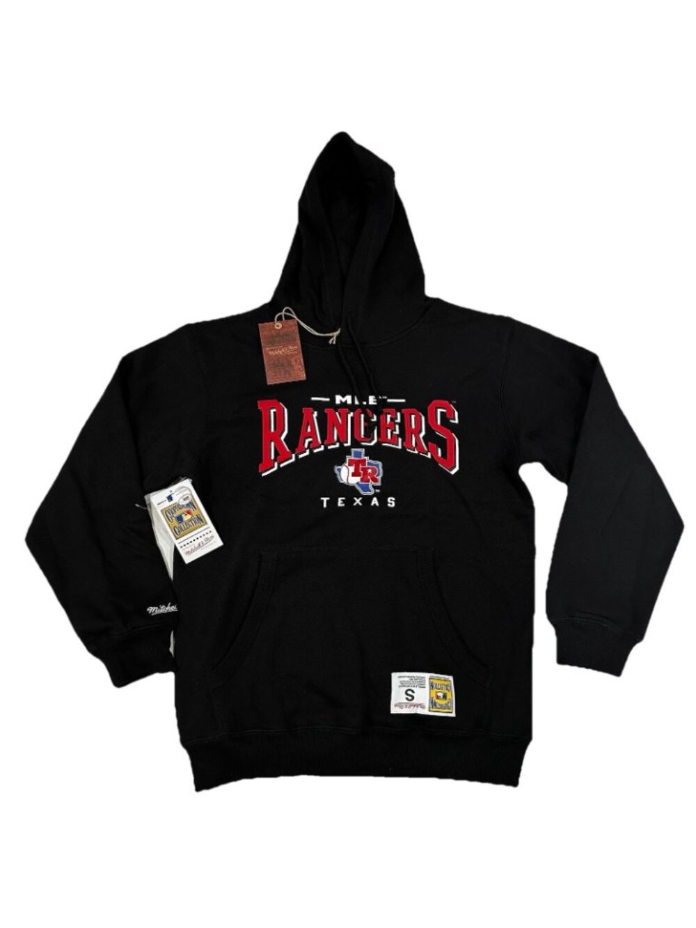 Texas Rangers Hoodie Mens SM Black Mitchell Ness Cooperstown Defect Rare Patch - Picture 2 of 9